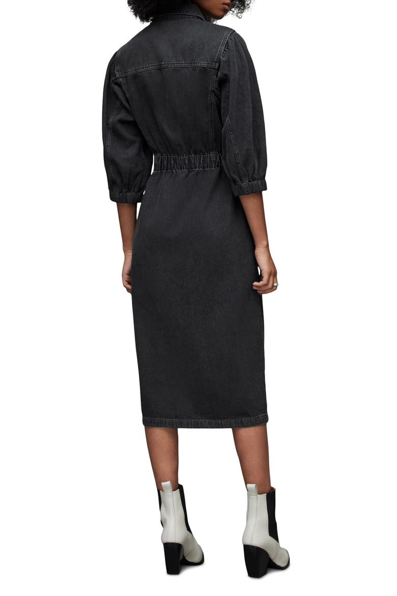 Osa Puff Sleeve Denim Midi Shirtdress, Alternate, color, WASHED BLACK
