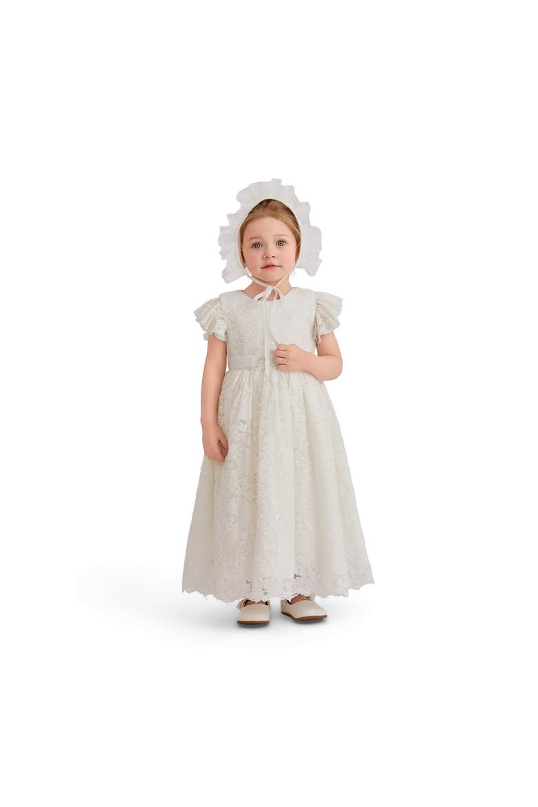 Velloria Lace Christening Dress with Bonnet, Main, color, White