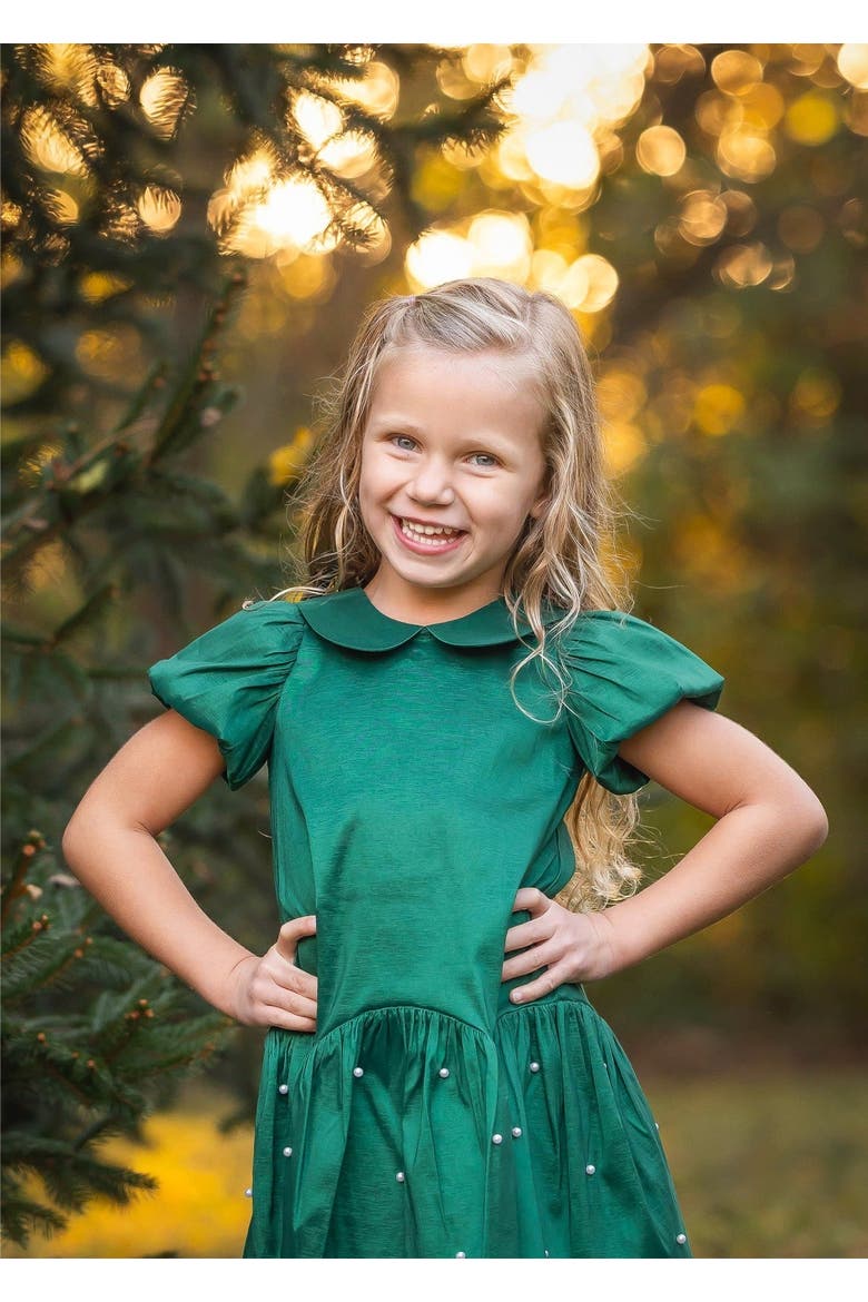 Holly and Pearls Short Sleeve Solid Pearl Embellished Drop Waist Dress, Alternate, color, Green