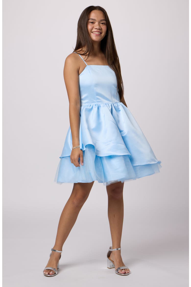 Satin Peek-a-boo Party Dress, Main, color, LIGHT BLUE