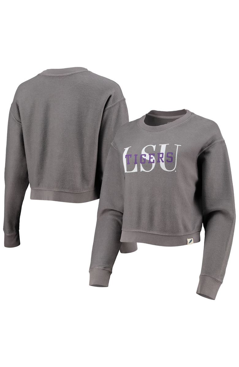 LEAGUE COLLEGIATE WEAR Women's League Collegiate Wear Graphite LSU Tigers Classic Corded Timber Crop Pullover Sweatshirt, Main, color, 
