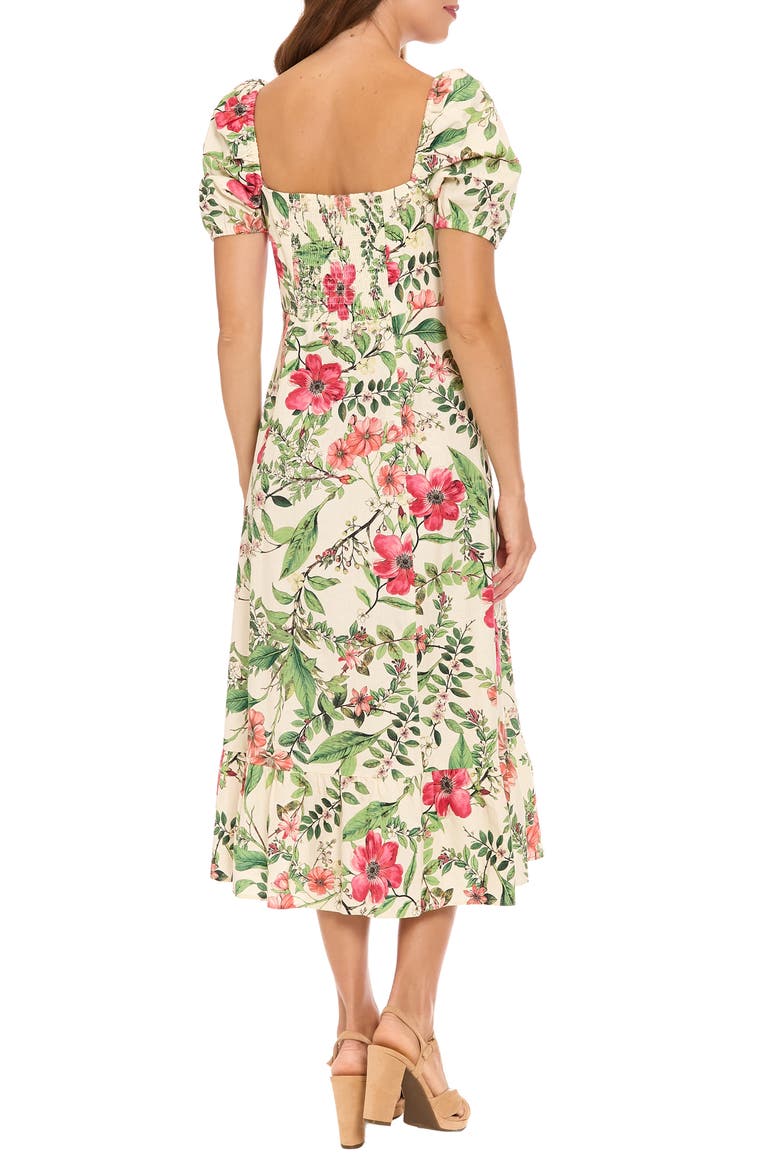 Floral Puff Sleeve Empire Waist Midi Dress, Alternate, color, CREAM/ PINK FLAMBE