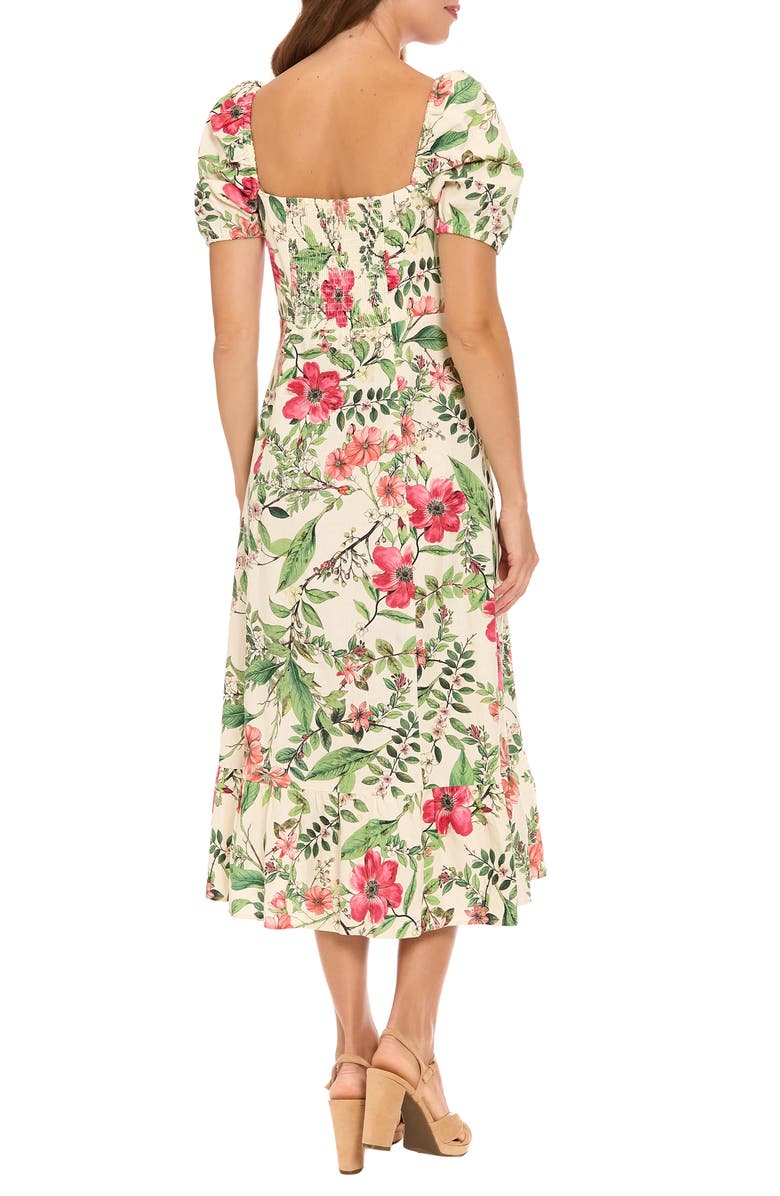 London Times Floral Puff Sleeve Empire Waist Midi Dress, Alternate, color, Cream/ Pink Flambe