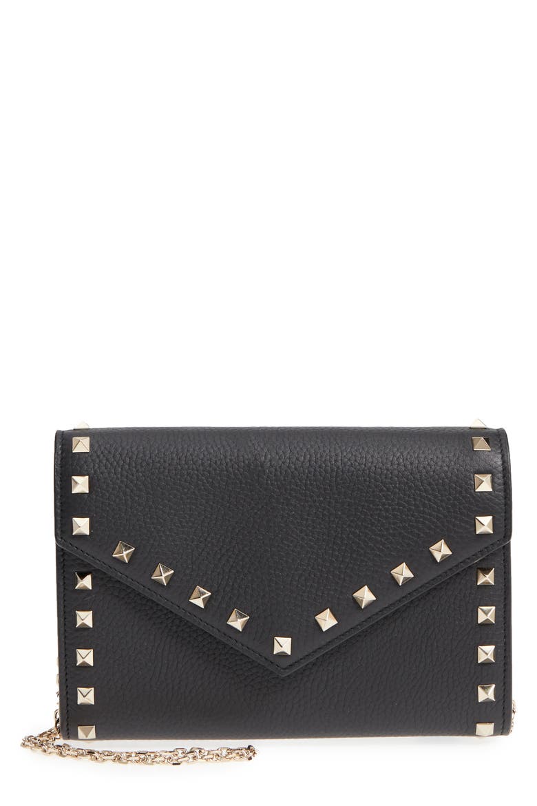 Rockstud V-Flap Calfskin Leather Wallet on a Chain, Main, color, BLACK