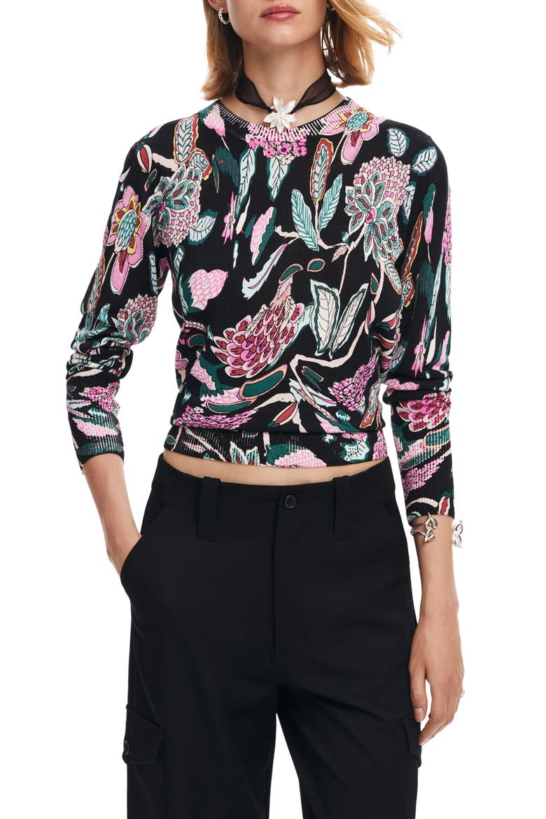 Manchester Floral Print Crewneck Sweater, Main, color, BLACK