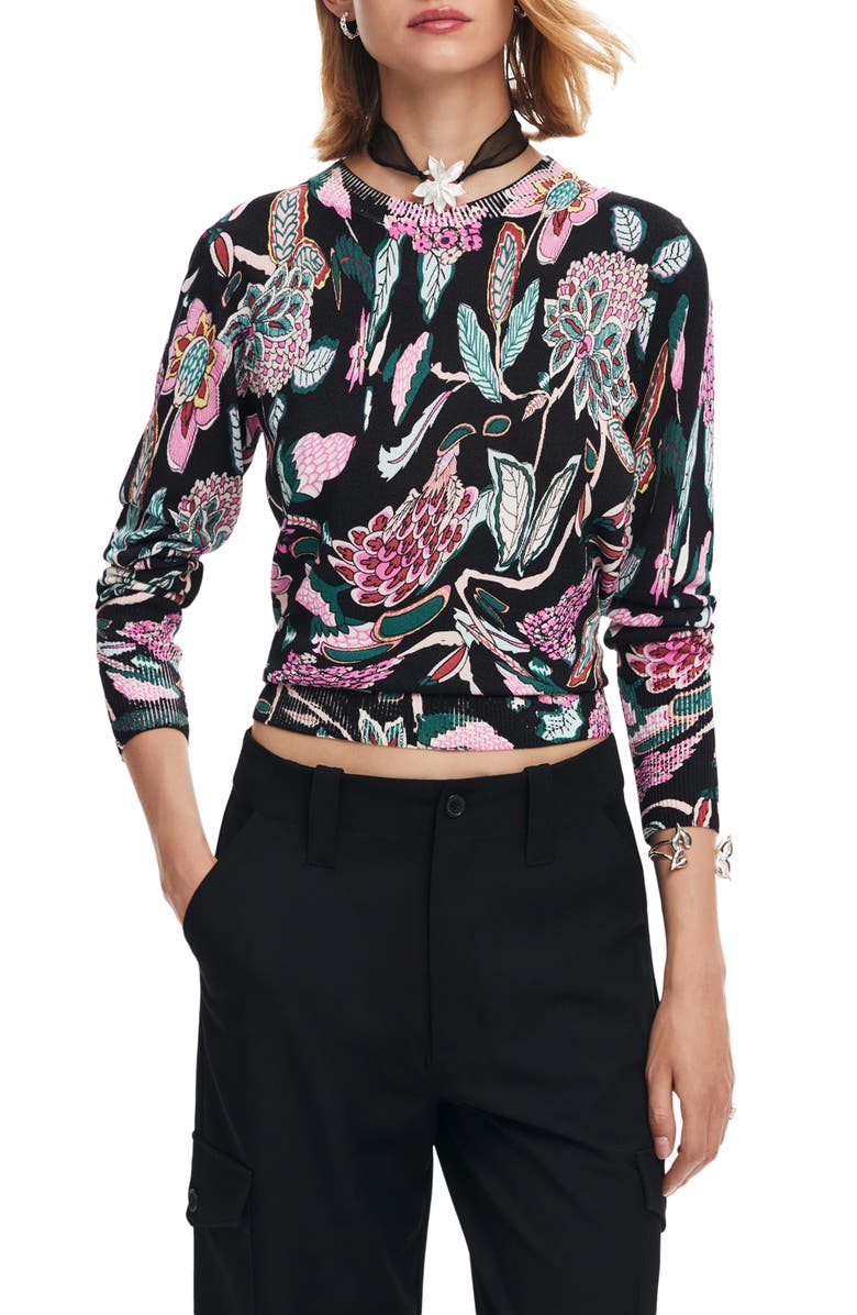 Desigual Manchester Floral Print Crewneck Sweater, Main, color, Black