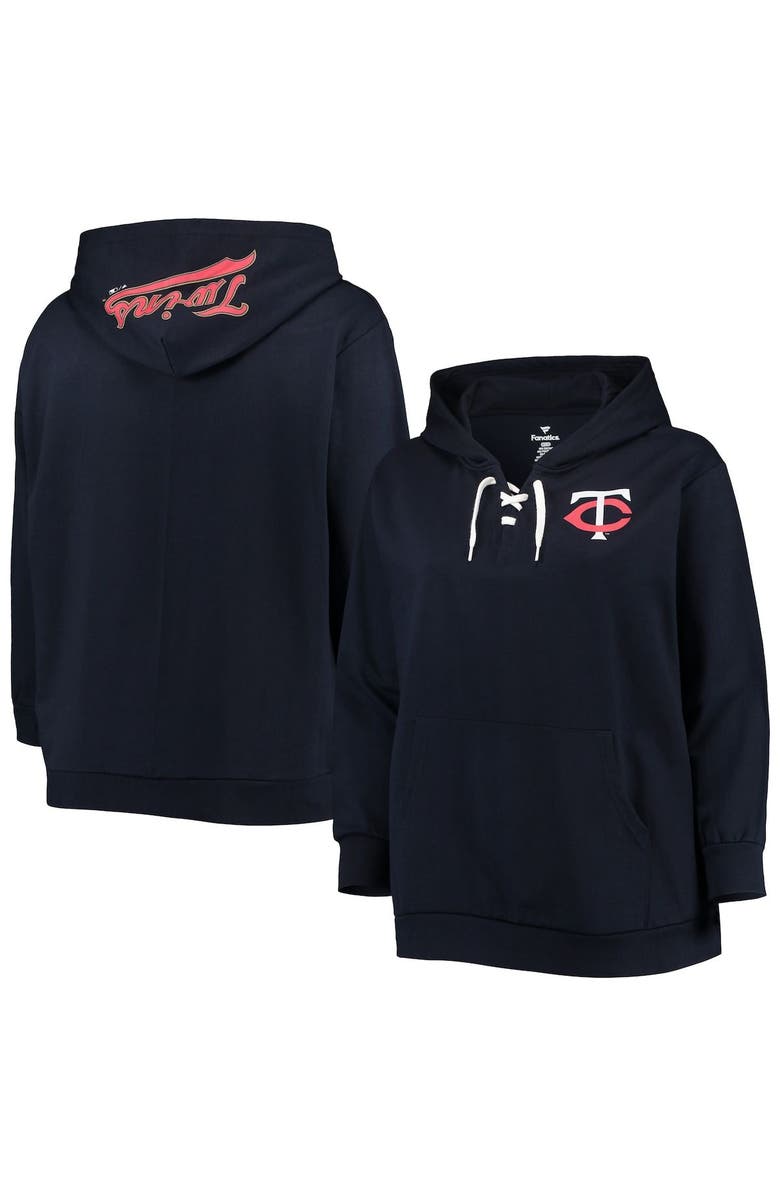 PROFILE Women's Navy Minnesota Twins Plus Size Lace-Up V-Neck Pullover Hoodie, Main, color, 