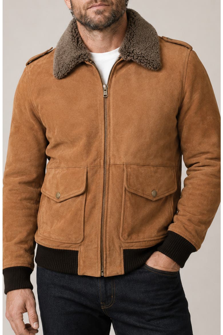 Suede Flight Jacket with Genuine Shearling Collar, Main, color, MIDDLE BROWN