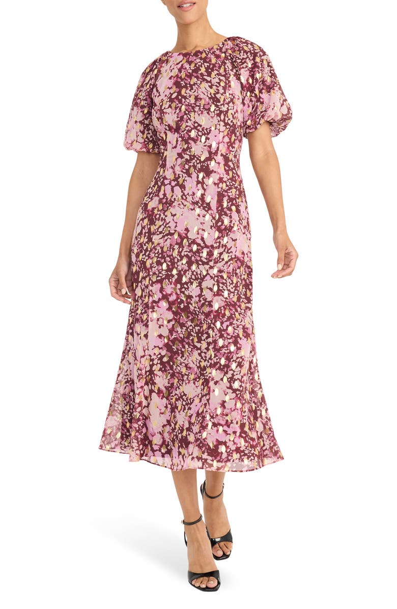 Maggy London Puff Sleeve Chiffon Midi Dress, Main, color, Brandy/ Peach Bud