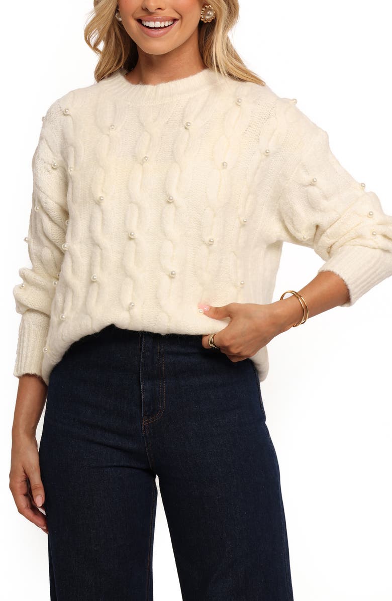 Petal & Pup Kalai Faux Pearl Cable Knit Sweater, Main, color,