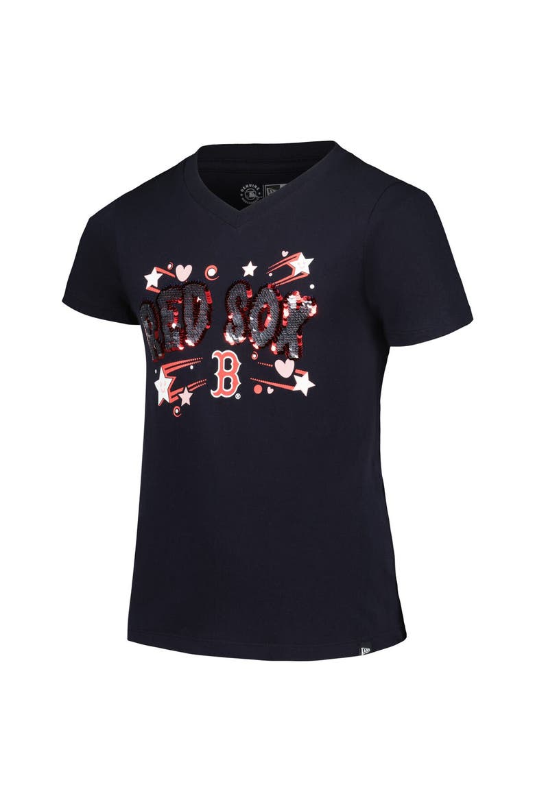 Girls Youth New Era Navy Boston Red Sox Sequin V-Neck T-Shirt, Alternate, color, Navy