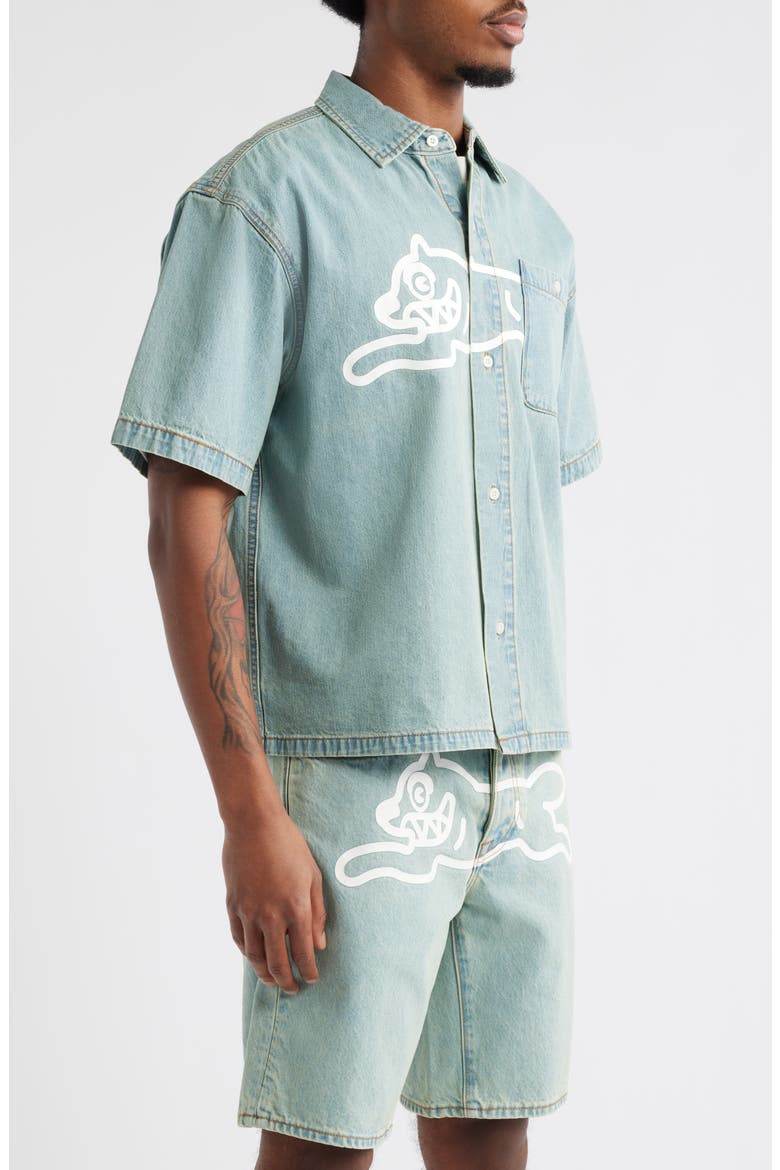 Running Dog Short Sleeve Denim Graphic Button-Up Shirt, Alternate, color, BLUEBERRY HAZE