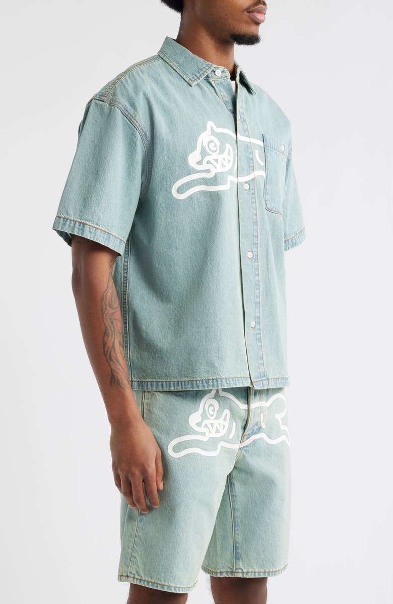 ICECREAM Running Dog Short Sleeve Denim Graphic Button-Up Shirt, Alternate, color, Blueberry Haze