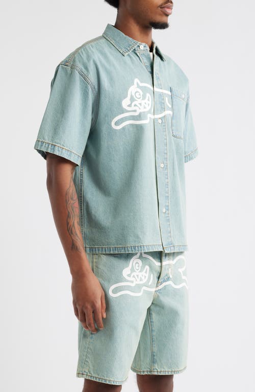 ICECREAM ICECREAM RUNNING DOG SHORT SLEEVE DENIM GRAPHIC BUTTON-UP SHIRT