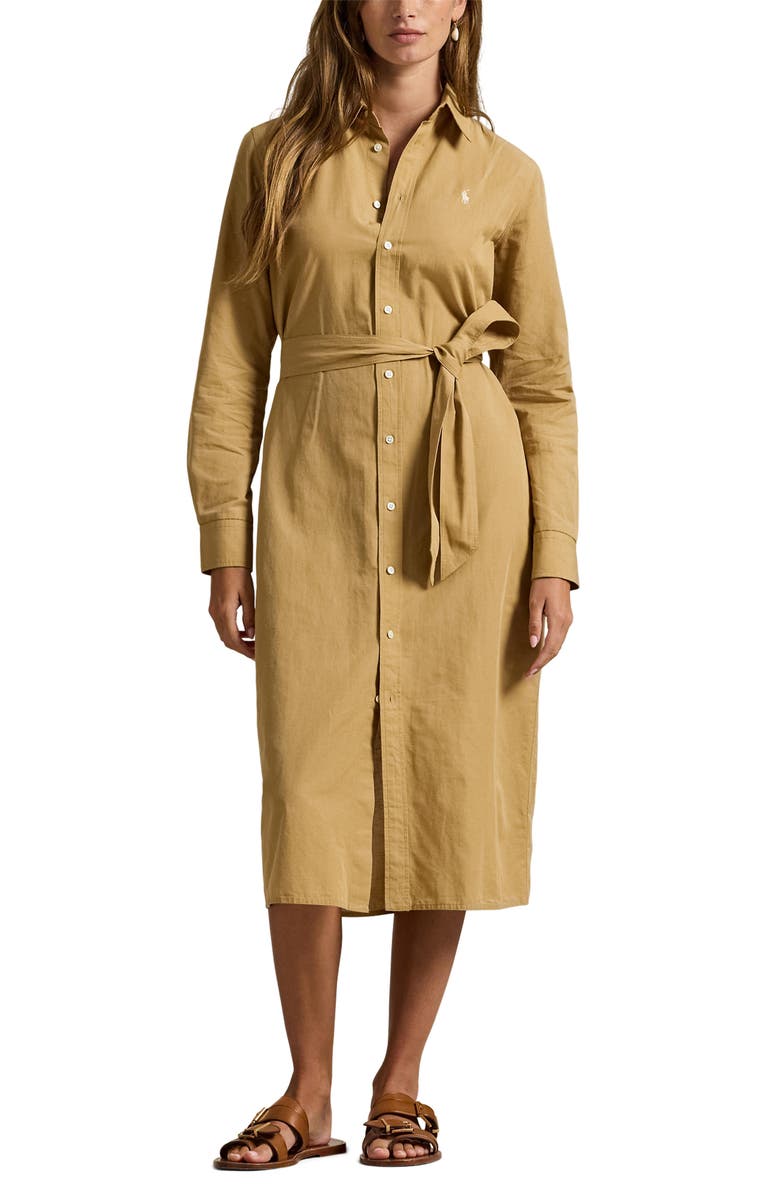 Polo Ralph Lauren Long Sleeve Linen Shirtdress, Main, color, Classic Camel