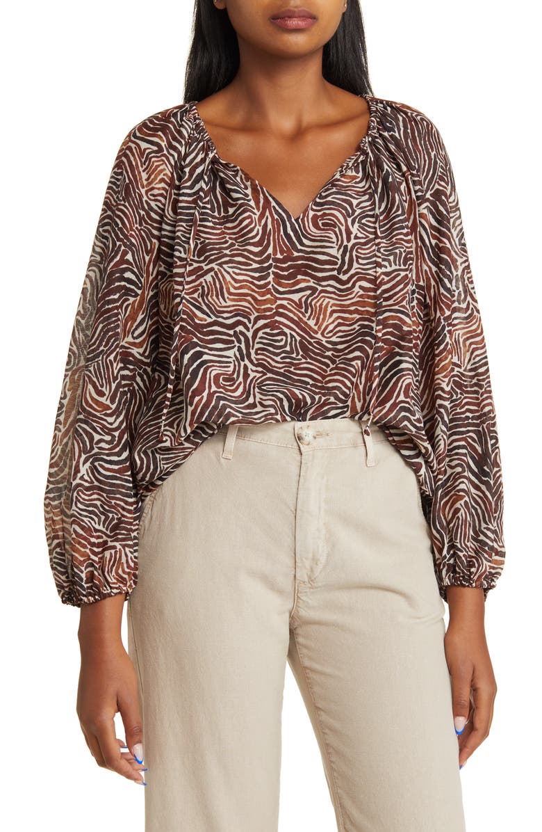 Tommy Bahama Zen Zebra Cotton & Silk Peasant Top, Main, color, Double Chocolate