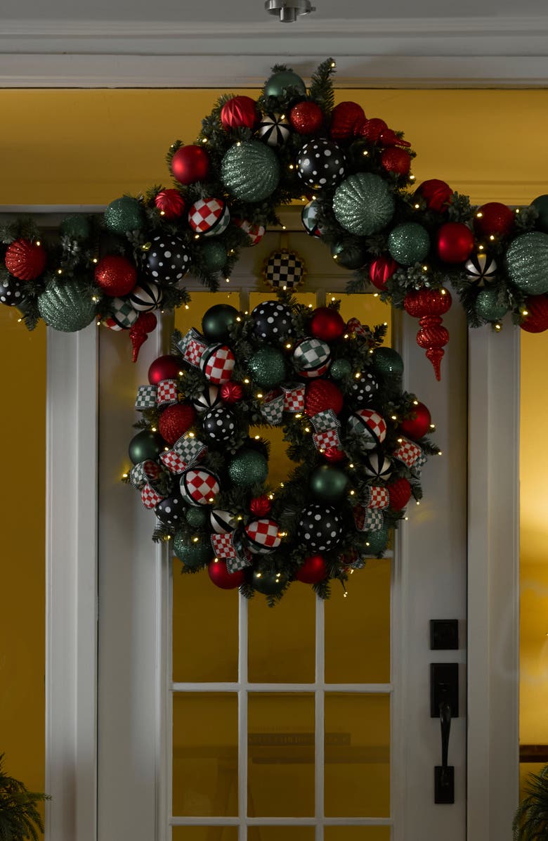 MACKENZIE CHILDS Check It Out Illuminated Holiday Wreath, Alternate, color, Green