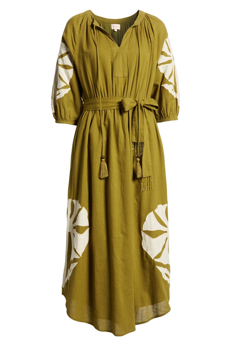 Tiana Embroidered Cotton Midi Dress, Alternate, color, GREEN/ TAN