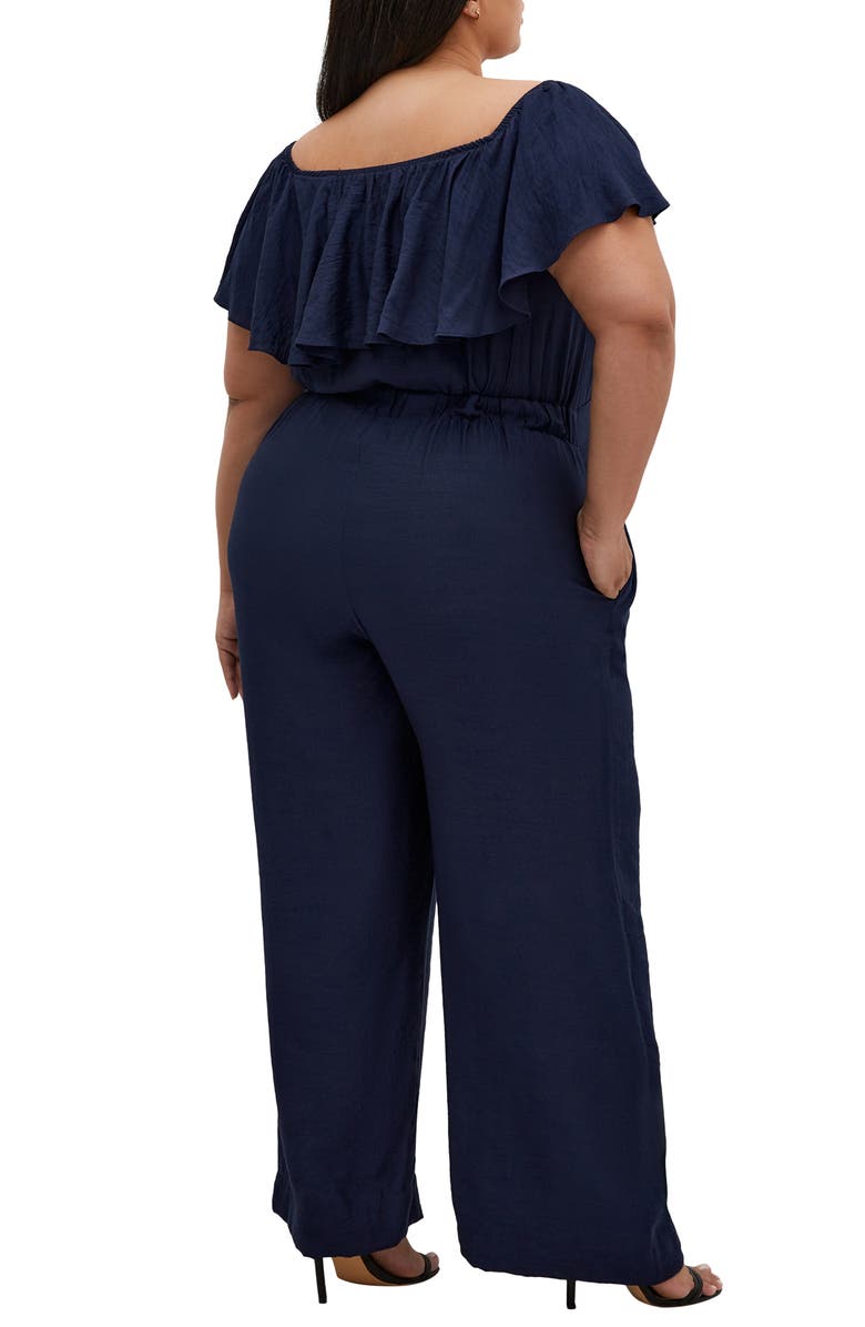 City Chic Serene Ruffle Off the Shoulder Jumpsuit, Alternate, color, Navy