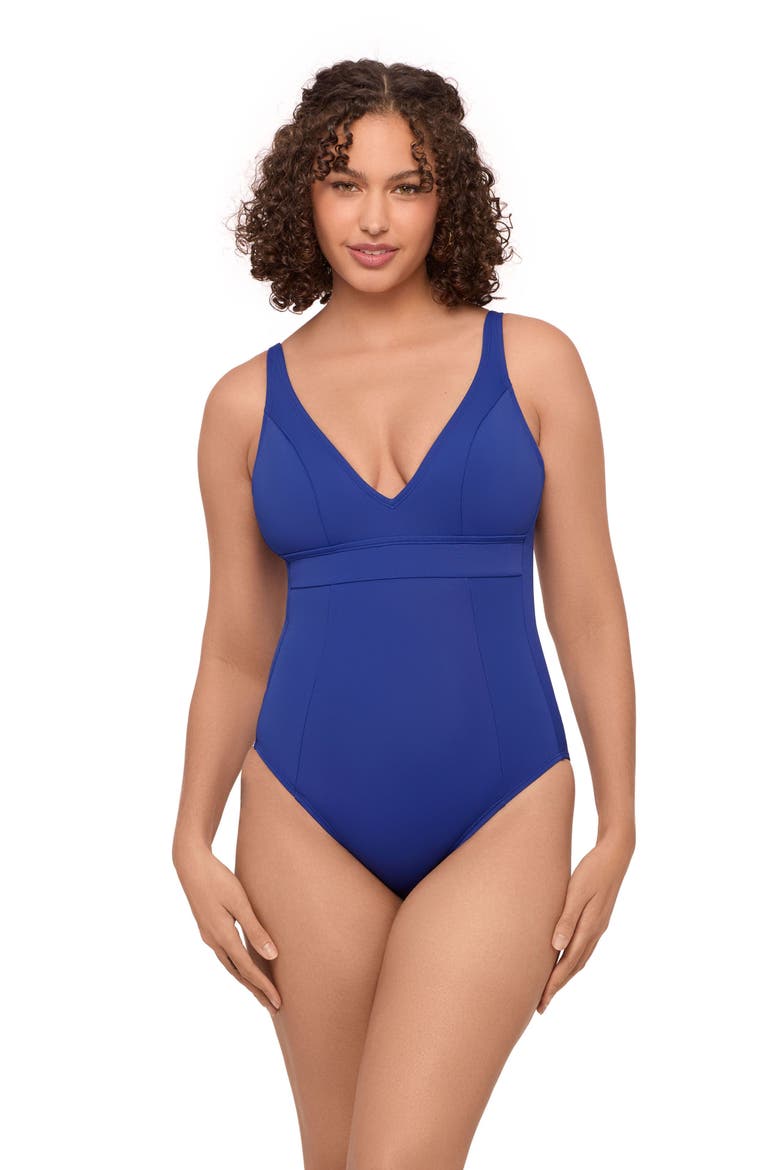 Supportive and Sculpting Banded Plunge V-Neck One-Piece Swimsuit, Main, color, Indigo