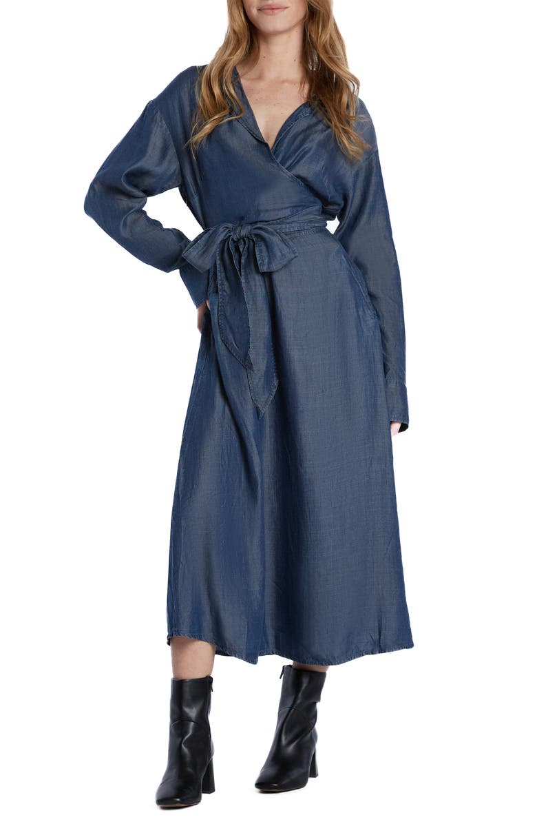 Wash Lab Denim Tie Waist Long Sleeve Denim Maxi Dress, Alternate, color, 