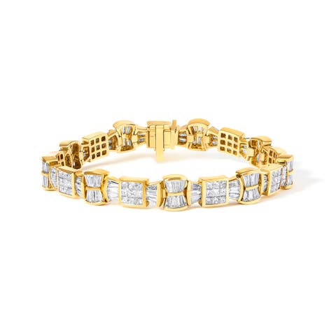 14K Yellow Gold 9 7/8 Cttw Princess and Baguette Diamond Bow and Box Link Tennis Bracelet