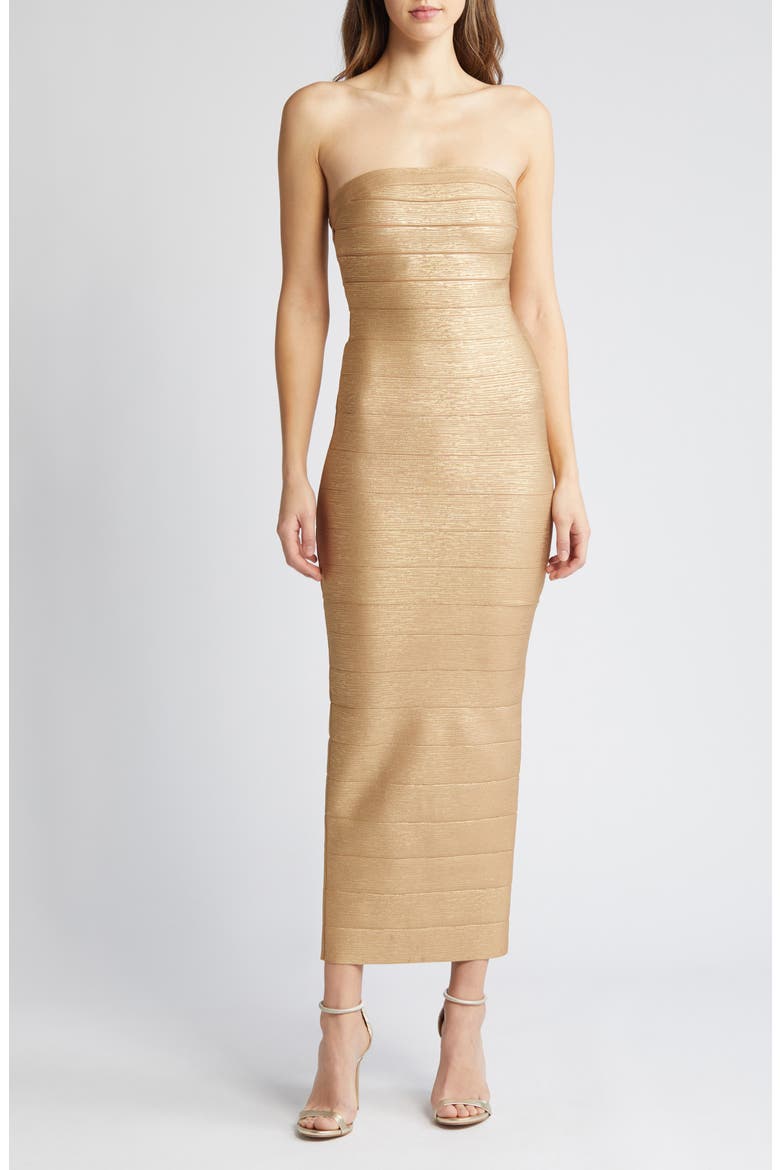 Foil Strapless Bandage Gown, Main, color, GOLD