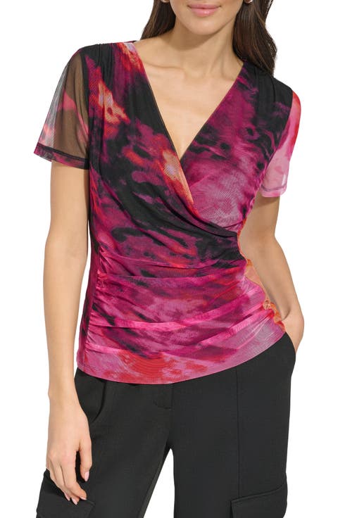 Print Ruched Mesh Top