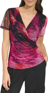 DKNY Print Ruched Mesh Top
