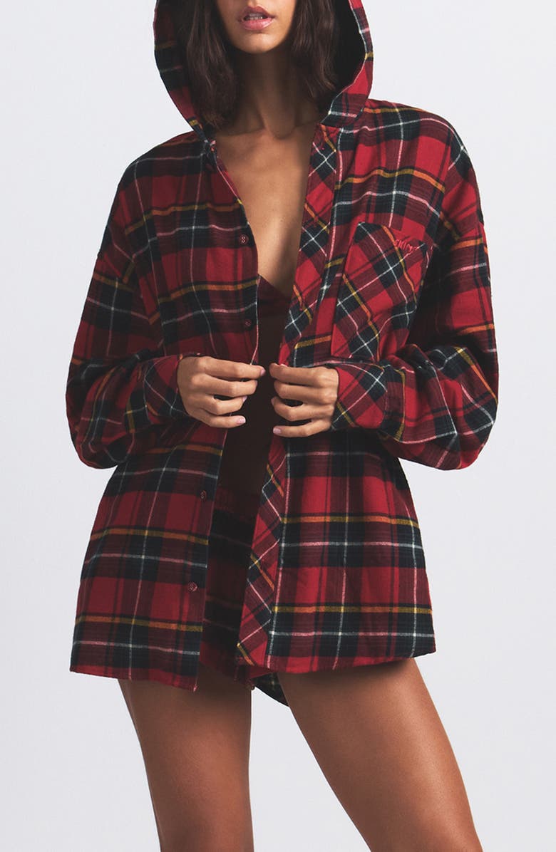SKIMS Plaid Flannel Hooded Pajama Top, Main, color, Brick Holiday Plaid