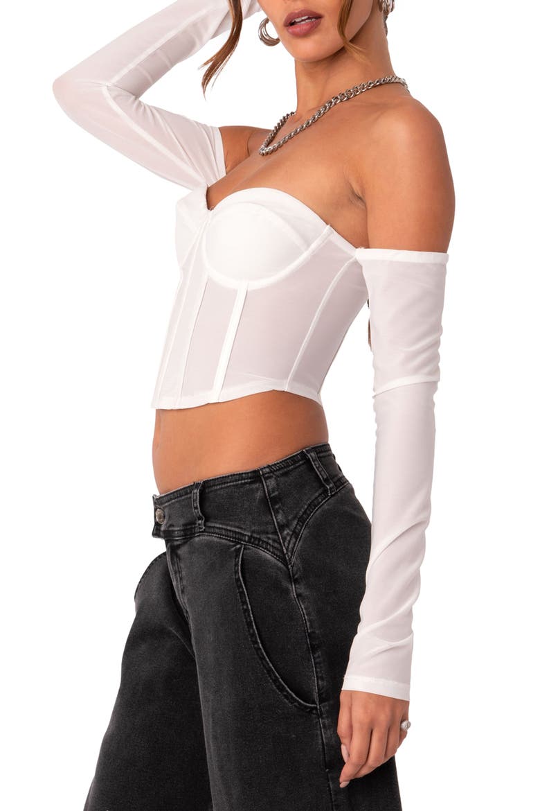 Cella Mesh Corset Crop Top with Long Sleeves, Alternate, color, WHITE