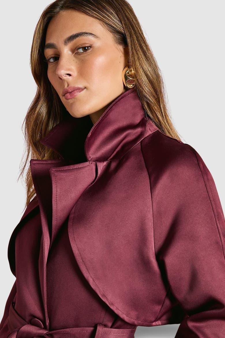 Satin Occasion Belted Trench Coat, Alternate, color, Malbec