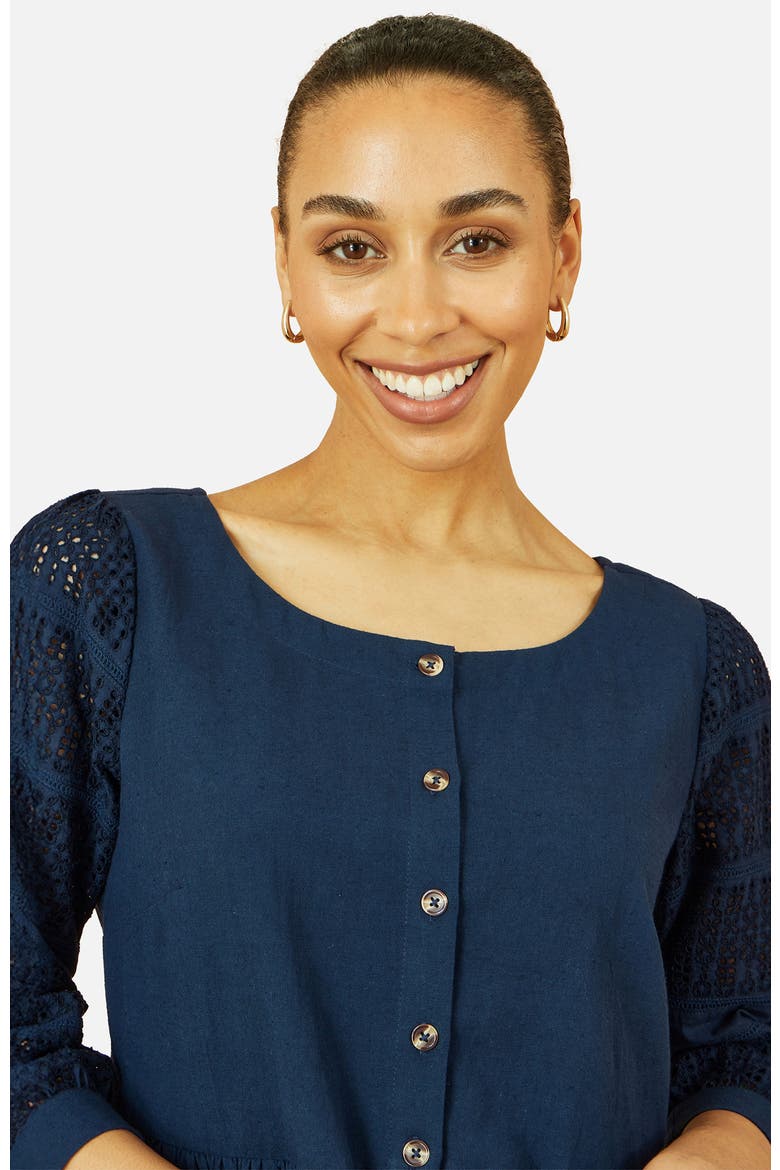 Broderie Anglaise Puff Sleeve Dress, Alternate, color, Navy