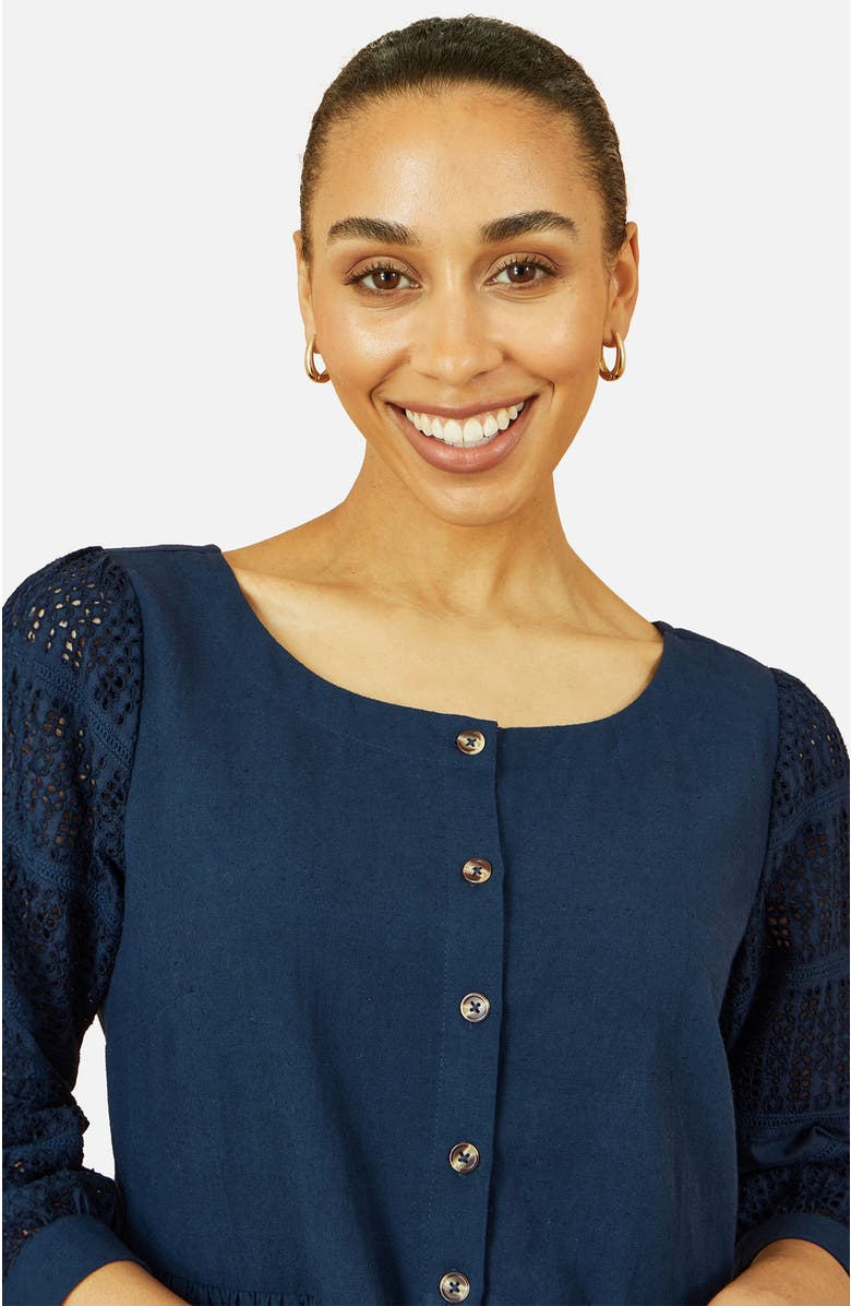 Yumi Broderie Anglaise Puff Sleeve Dress, Alternate, color, Navy