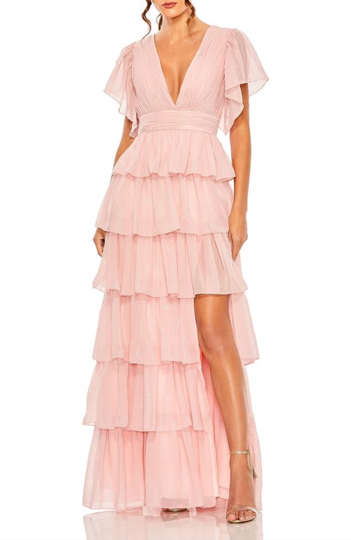 Mac Duggal Flutter Sleeve Ruffle Tiered Gown In Petal Pink