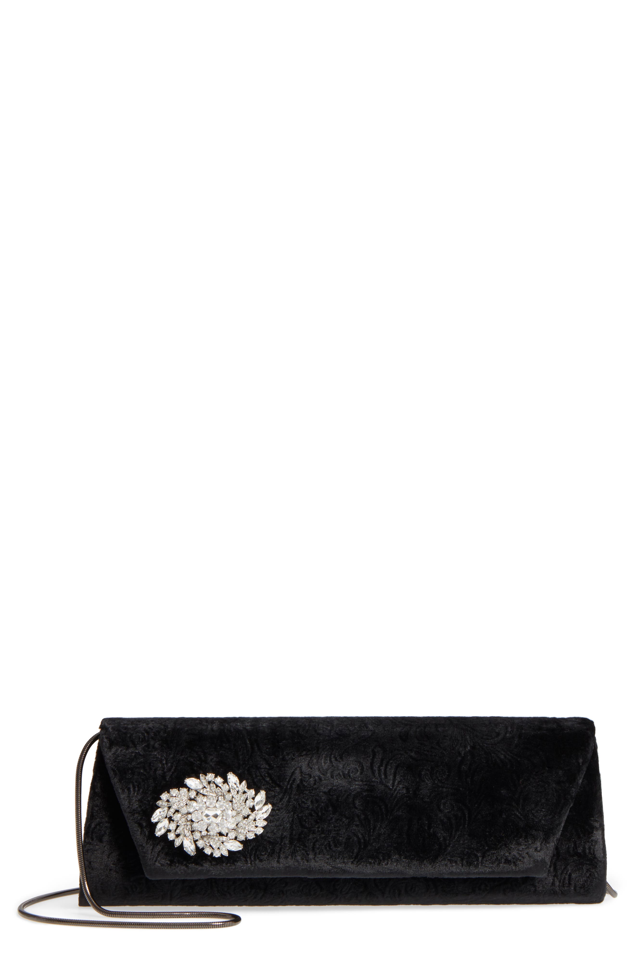 Badgley Mischka Drama Velvet Clutch, Main, color, BLACK