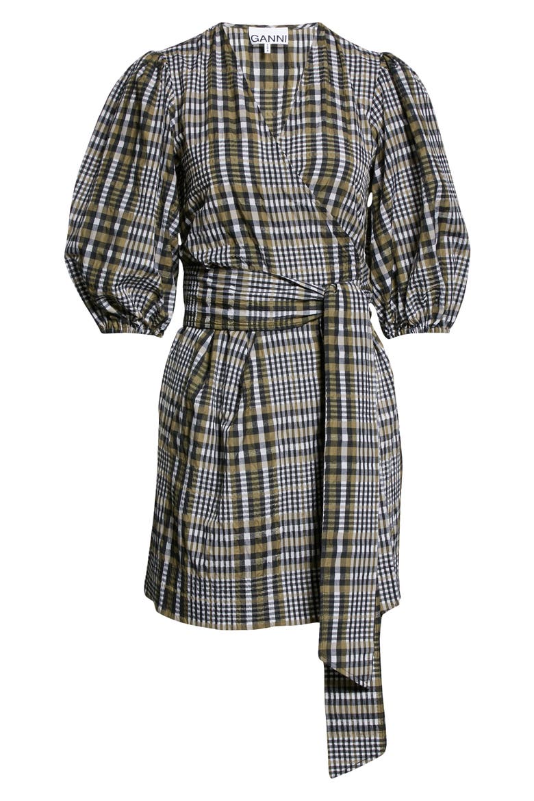 Check Seersucker Puff Sleeve Wrap Dress, Alternate, color, KALAMATA