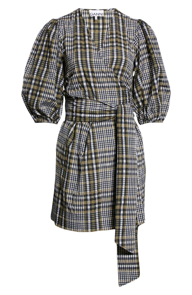 Ganni Check Seersucker Puff Sleeve Wrap Dress, Alternate, color, 
