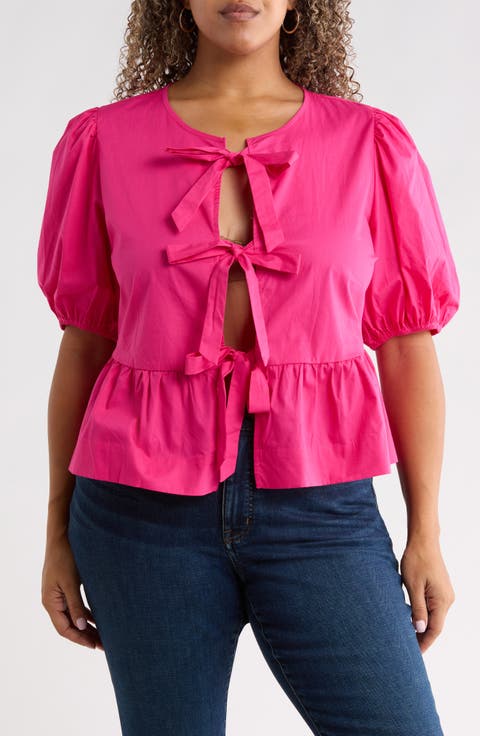 Tie Front Puff Sleeve Peplum Top