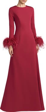 Mac Duggal Crepe Long Sleeve A Line Gown With Feather Trim