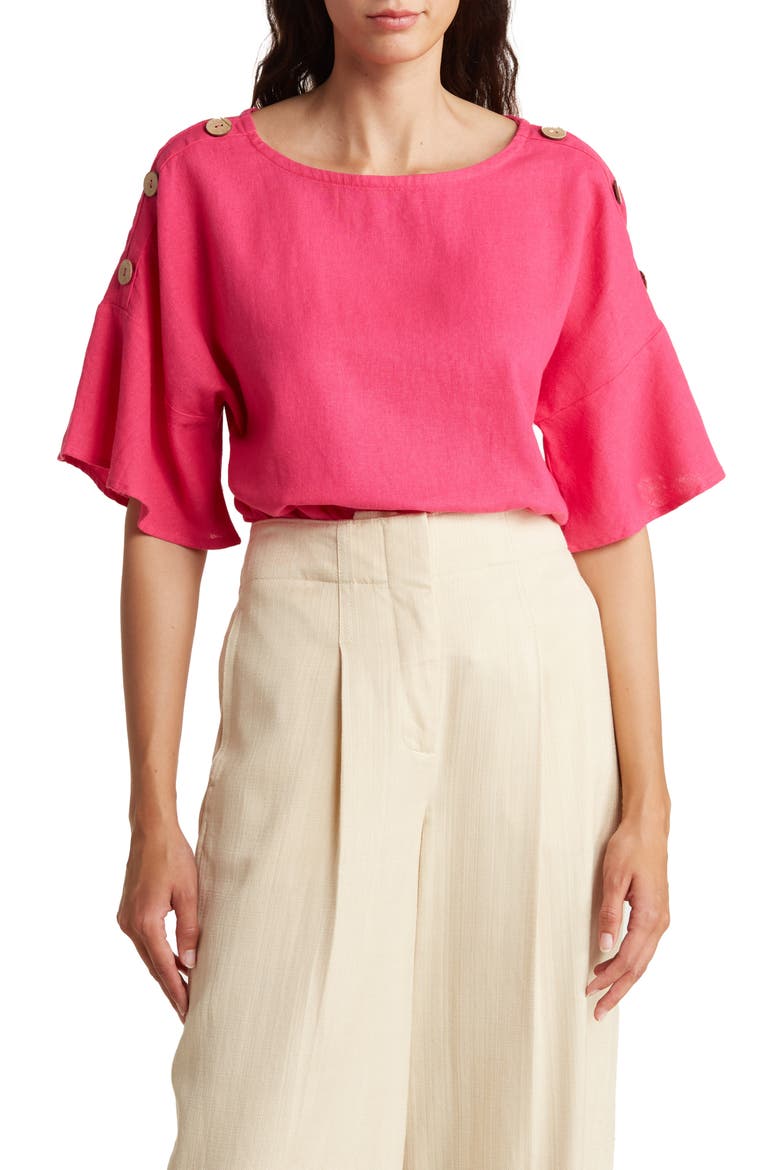 Round Neck Button Detail Linen Blend Top, Main, color, FUCHSIA