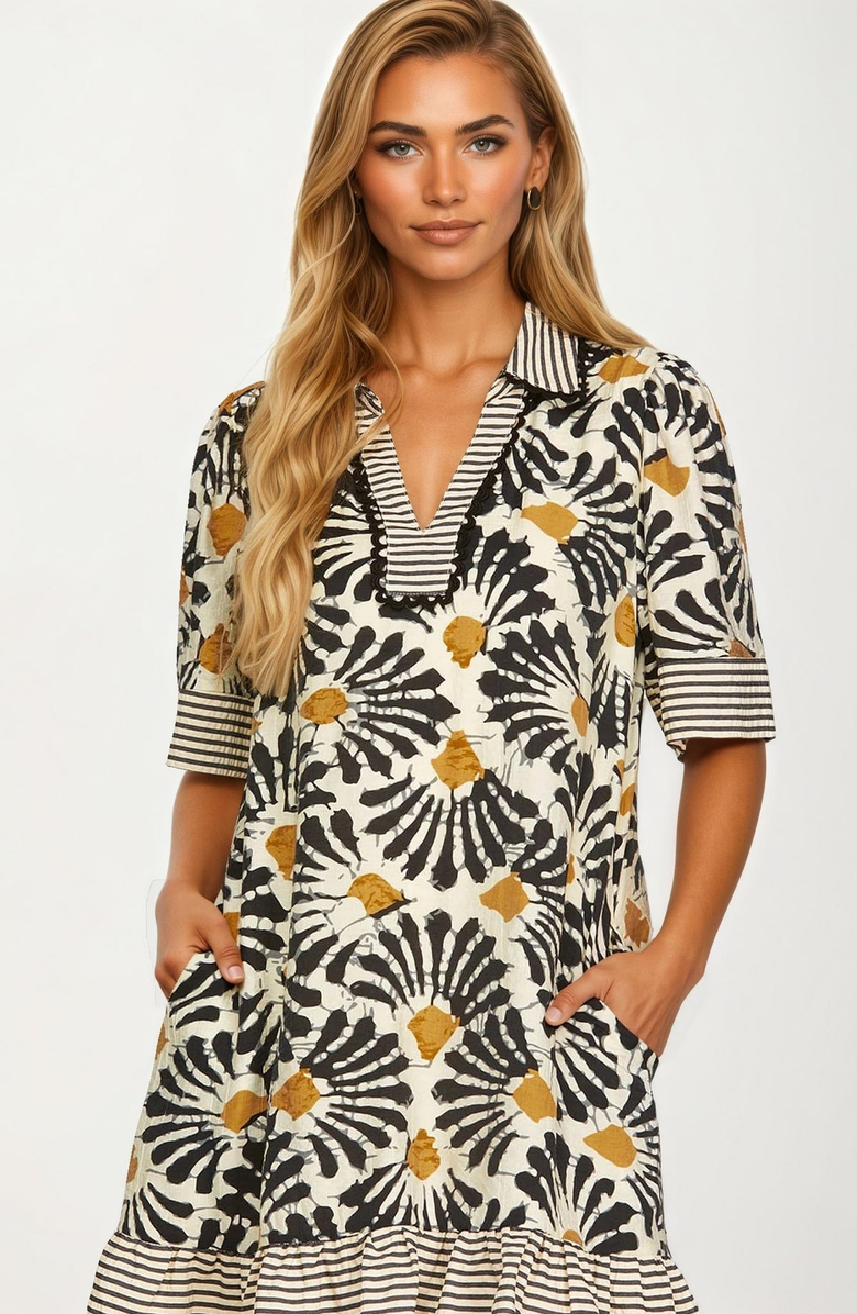 Knit and Lounge Printed V-Neck Mini Dress, Alternate, color, 
