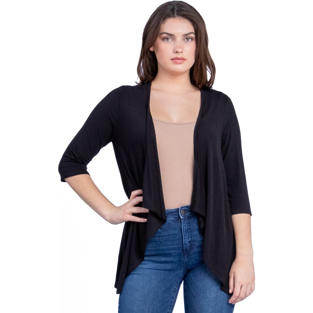 24seven Comfort Apparel Elbow Length Sleeve Open Front Cardigan in Black at Nordstrom, Size Medium
