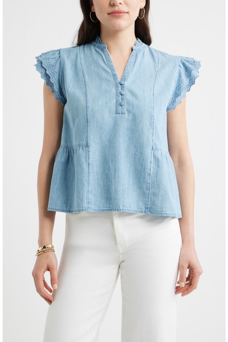 Ruffle Eyelet Chambray Top, Main, color, LIGHT WASH