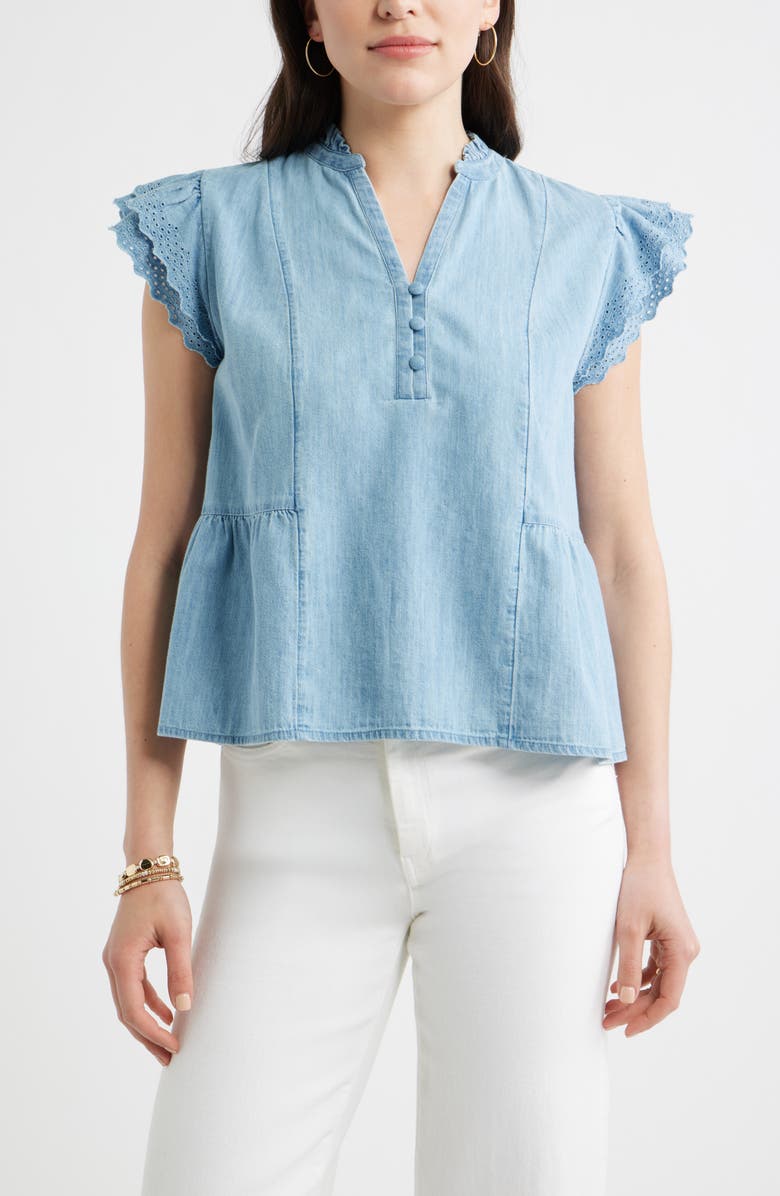 Caslon<sup>®</sup> Ruffle Eyelet Chambray Top, Main, color, Light Wash