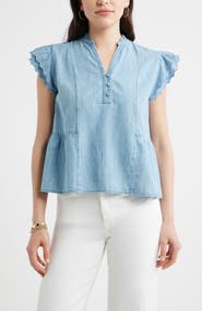 Caslon® Ruffle Eyelet Chambray Top