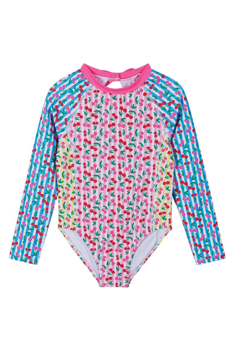 Kids' Print Long Sleeve One-Piece Rashguard Swimsuit & Hair Tie Set, Alternate, color, PINK CHERRY