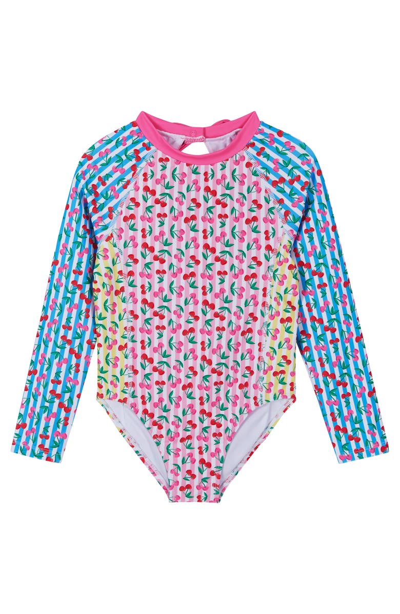 Andy & Evan Kids' Print Long Sleeve One-Piece Rashguard Swimsuit & Hair Tie Set, Alternate, color, Pink Cherry