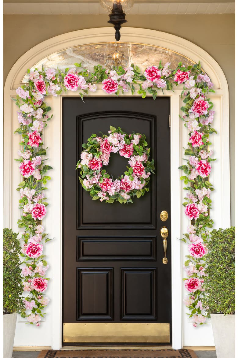 24"D Hydrangea Peony & Cherry Wreath with a Wreath Hanger, Alternate, color, Pink