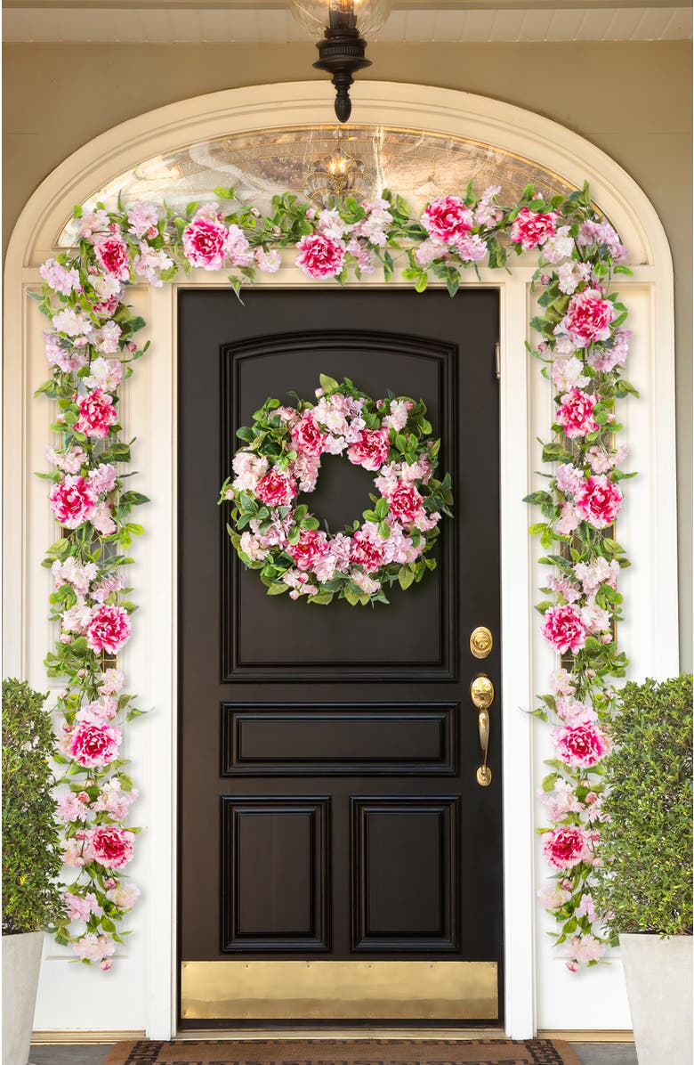 Glitzhome 24"D Hydrangea Peony & Cherry Wreath with a Wreath Hanger, Alternate, color, Pink